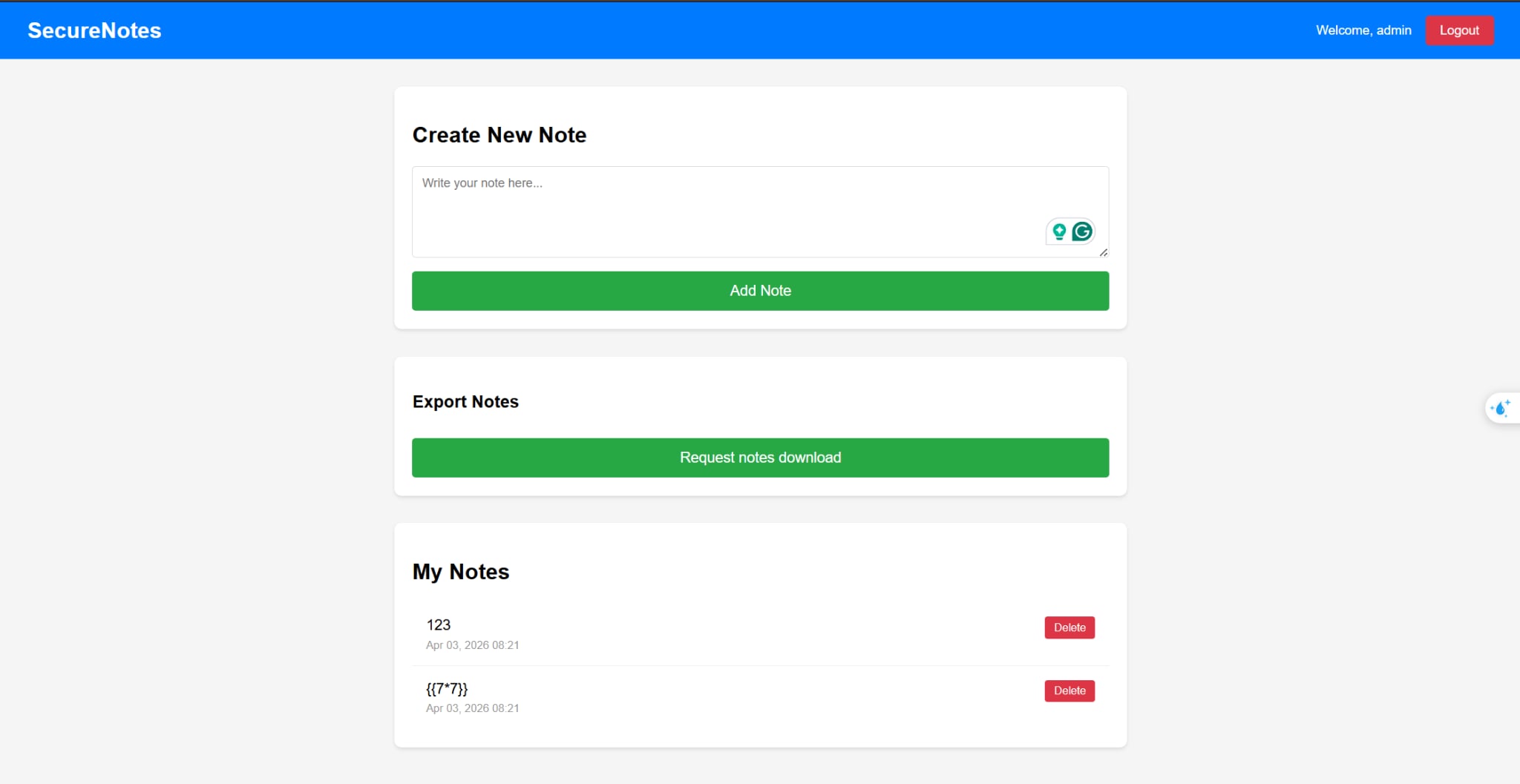 SecureNotes Interface